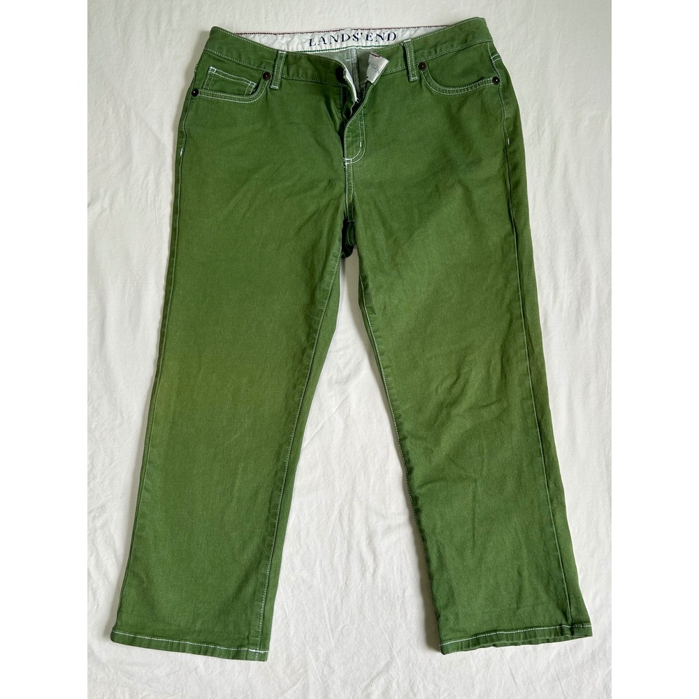 Lands End Green Original Fit Modern Waist Boot Leg Pants Size 10 Contrast Stitch